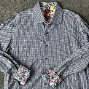 Robert Graham Shirt Large Blue Gingham Classic Fit Flip Cuff Asian Water Color